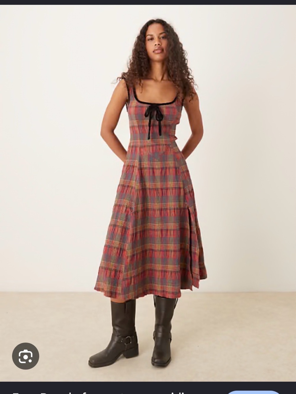 Free People Freya Strappy Midi Dress in Cherry Plaid with Black Trim